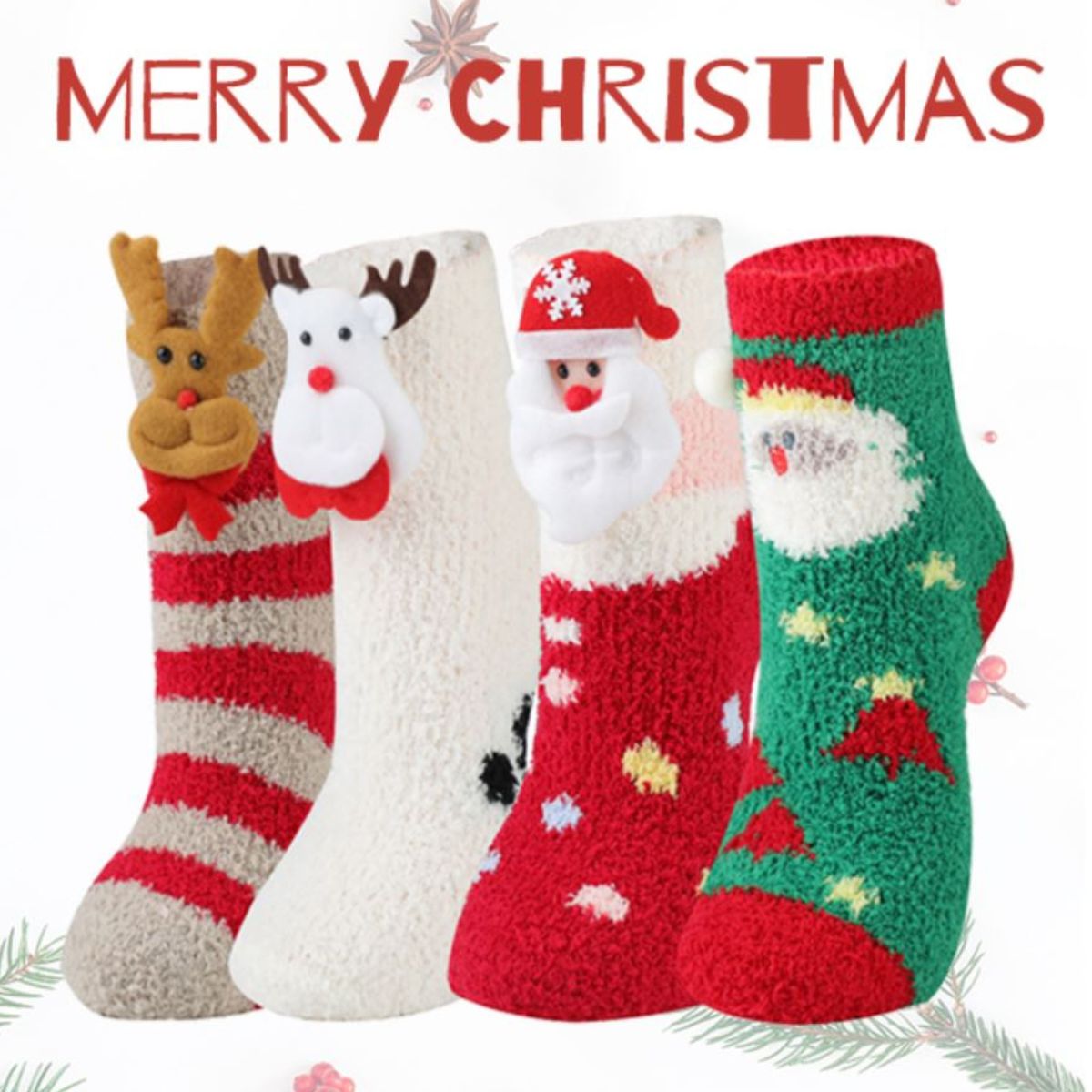 12 pares calcetines navideños afelpados con figuras 3d
