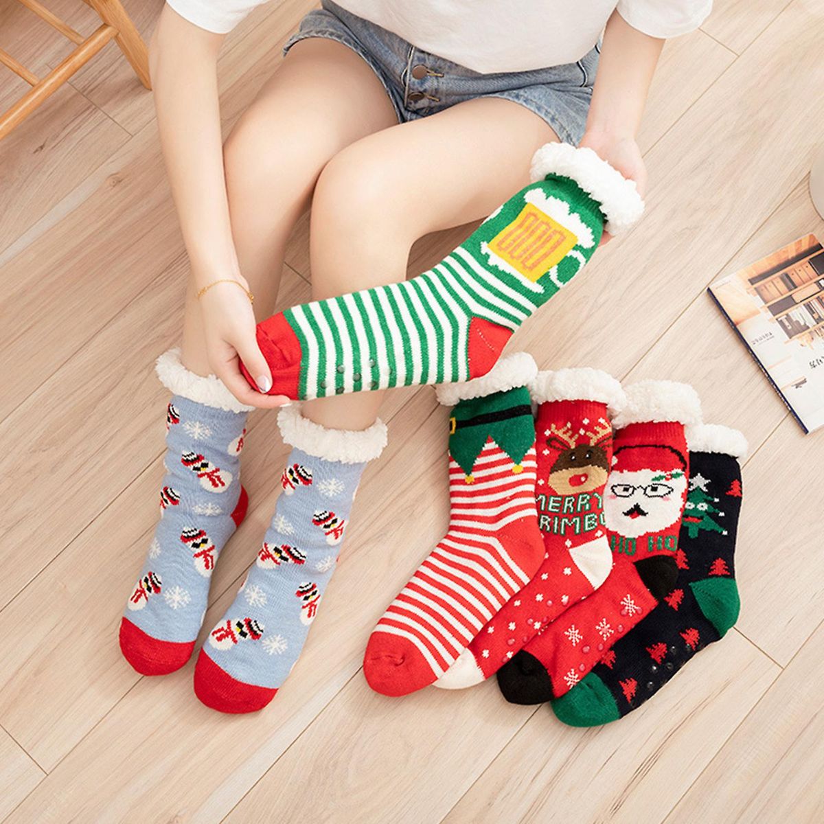 6 pares de calcetines termicos navideños de borrego